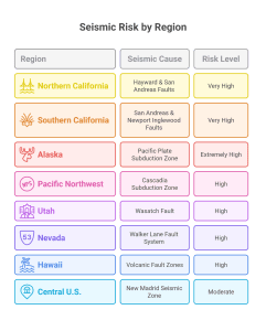Infographic showing seismic risk by U.S. region: Northern and Southern California very high, Alaska extremely high, Pacific Northwest, Utah, Nevada, Hawaii high, and Central U.S. moderate.