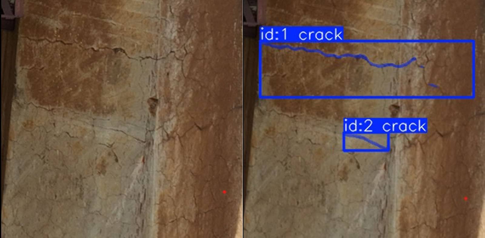 Combined cracks and rust detection overlay on bridge structure
